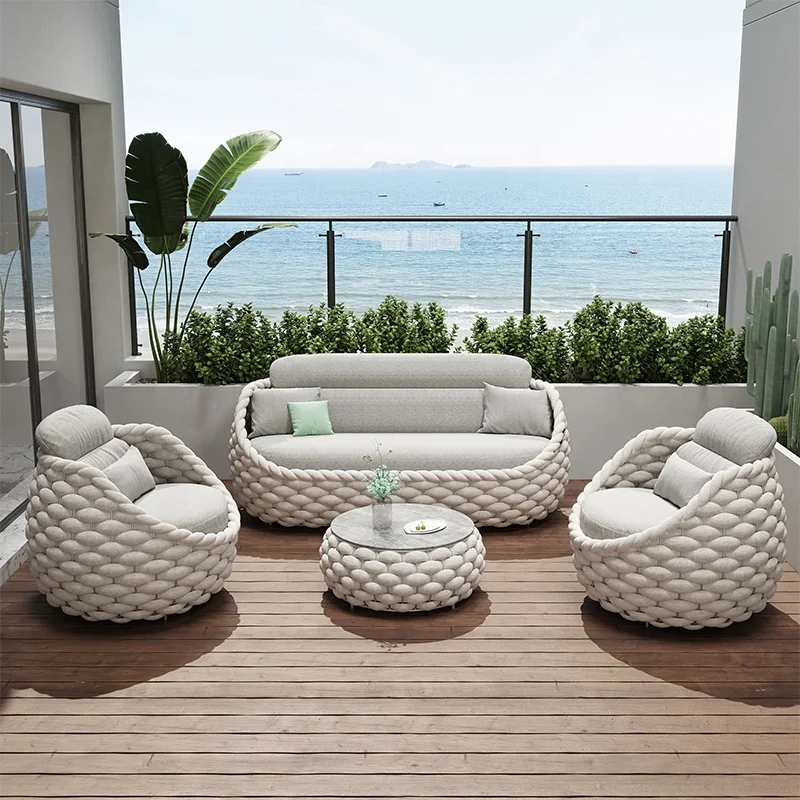

Outdoor Sofa Patio Villa Balcony Rattan Chair Coffee Table Furniture Set, Waterproof and Sun-proof Rattan Garden Nordic Leisure