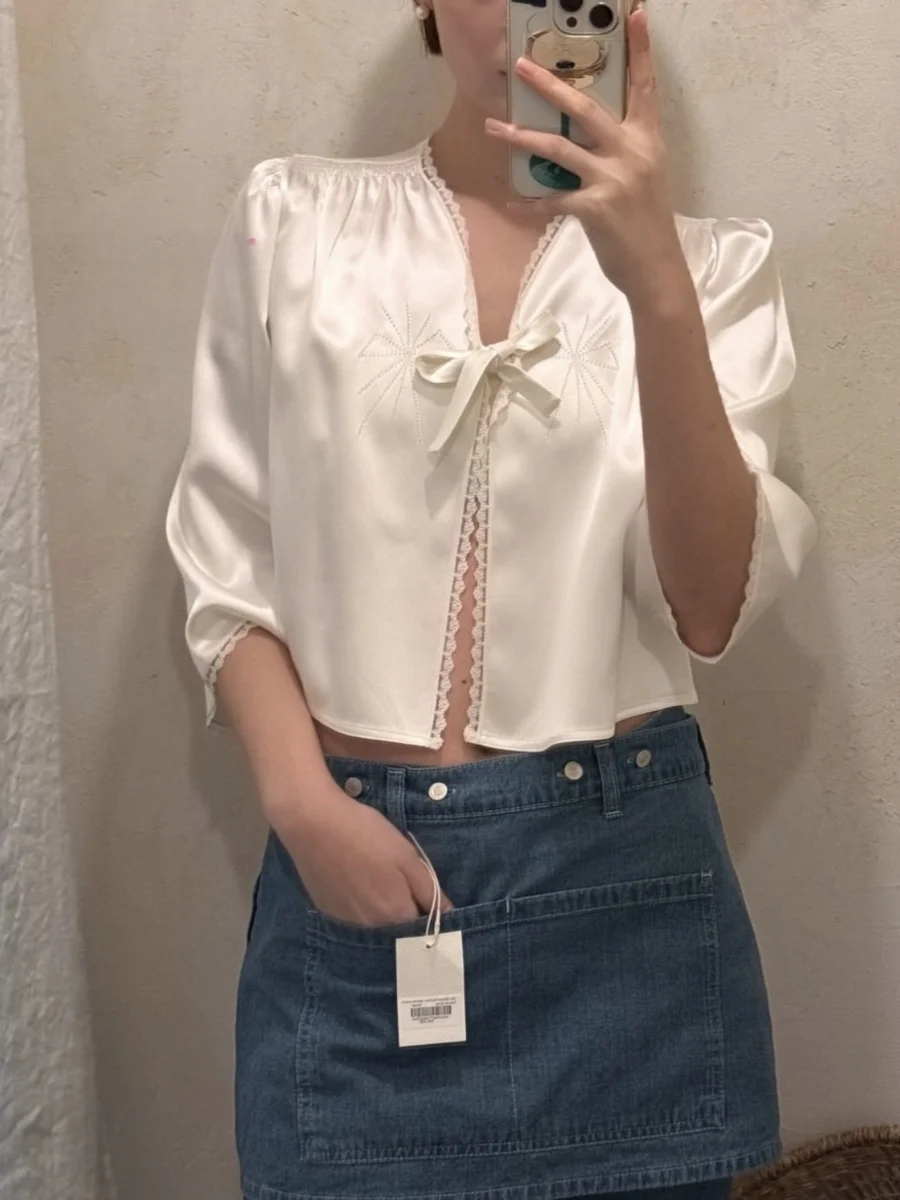 

Silk Lace Printed Knot irt Pearl White Ele Loose Fit Long Sve V-Ne Commute Sle Women's Premium Quali Top