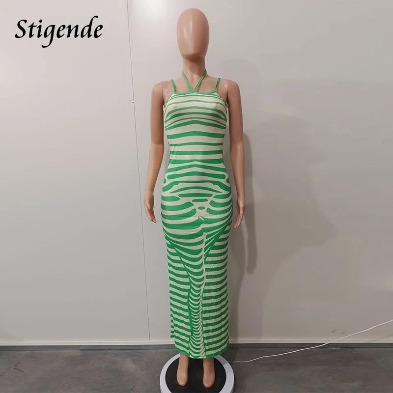 Stigende Summer Spaghetti Strap Long Ribbed Dress Women Zebra Pattern Backless Cami Dress