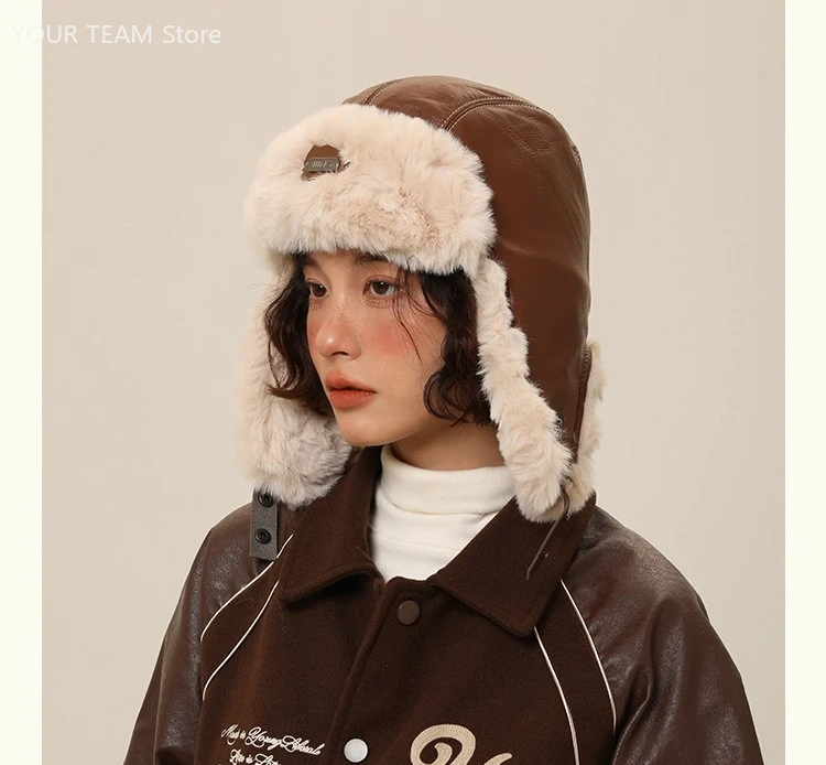 

Retro Faux Leather Trapper Hat WinterWarm FleeceLined EarFlap Cap Windproof Skiing Motorcycle Beanie 2Way Wear Vintage Pilot Hat