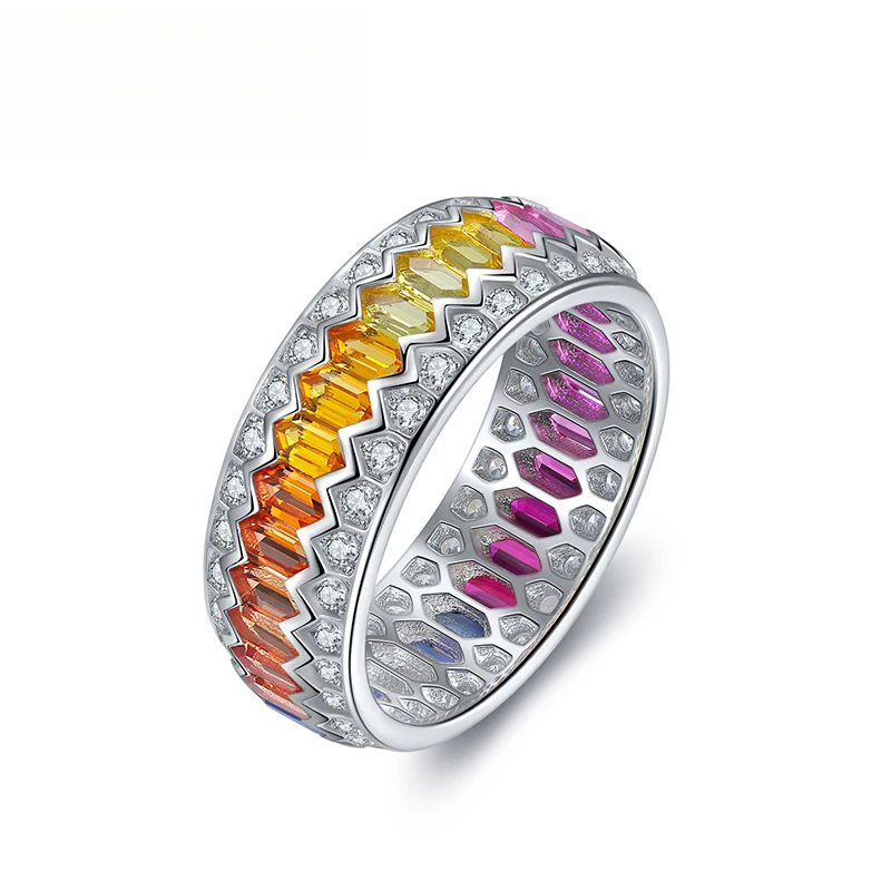 Custom Design Sparkling Rainbow Color Hexagon Cut Lab Grown Corundum Engagement Silver Band Ring For Christmas Party Gift