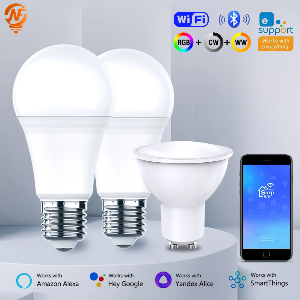 NINFULL Smart Light Bulbs RGB E27 GU10 Led Bulb 100-240V Smart Home Wifi Bluetooth Lamp Works With Alexa Google Home Smartthings