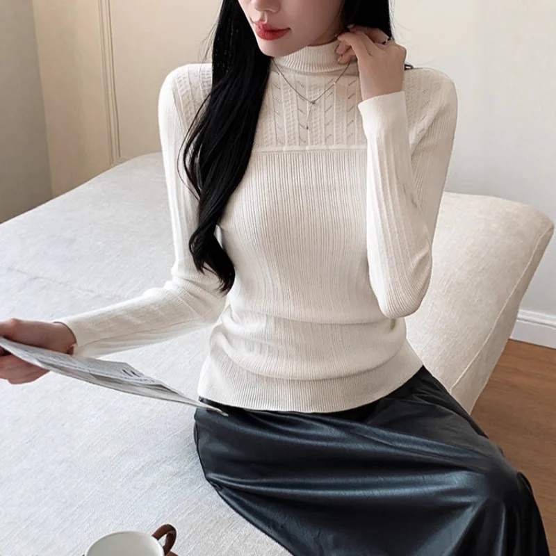 Dames herfst winter nieuwe effen kleur slim fit mock hals nis high-end gebreide kleding stijlvolle basislaag pullover top
