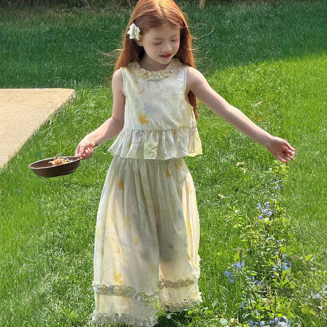 

2025 New Summer Children Clothing Korean Floral Girls Vest Set Korean Children Comfortable Lace Wide Leg Pants Two Piece Set