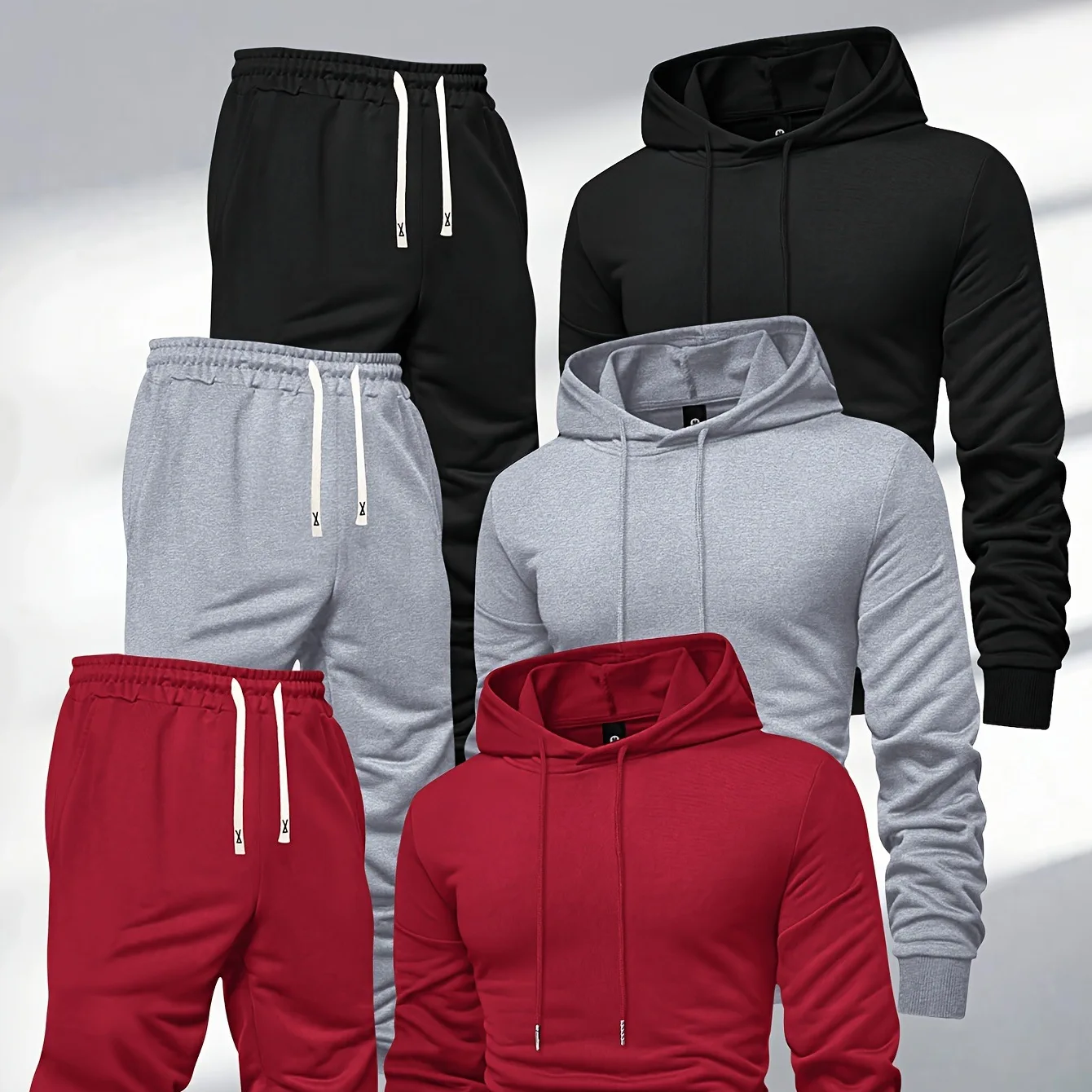 Herren 3-Teiliges Trainingsanzug-Set Einfarbiger Pullover-Hoodie Sweatshirt Jogginghose Frühling Herbst Lässige Sportbekleidung Locker Sitzendes Alltags-Outfit für Männer – Detail 3