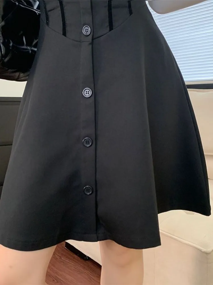 Fish Bone Black Sexy High Waist Skirt Women Summer Korean A-Line Mini Skirts  Fashion Button Patchwork Casual Goth Streetwear