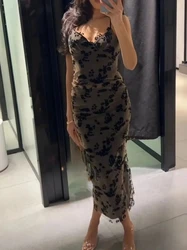 Fashion Jacquard Vintage V-neck Dress for Women 2024 Autumn New Women Temperament Sling Slim Long Dress Female  Bodycon Dress
