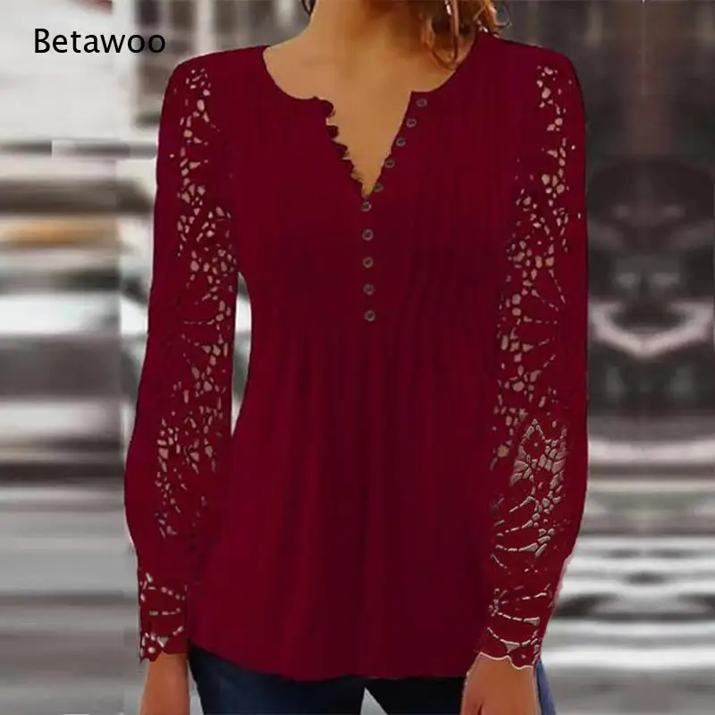 Women Notch V Neck Button Detail Lace Long Sleeve Blouse Pleated Peplum Casual Daily Lifestyle Tops for Dating Street Occasions