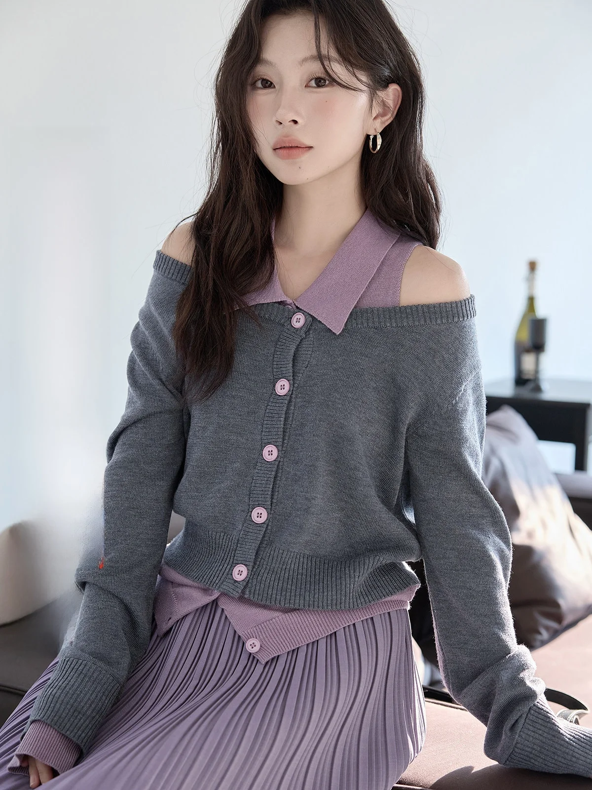 

HuiXi Knitted Sweater Women's Faion oulder Bared Ele Open Cardigan Fake Two-Piece Design Winter New Arrival