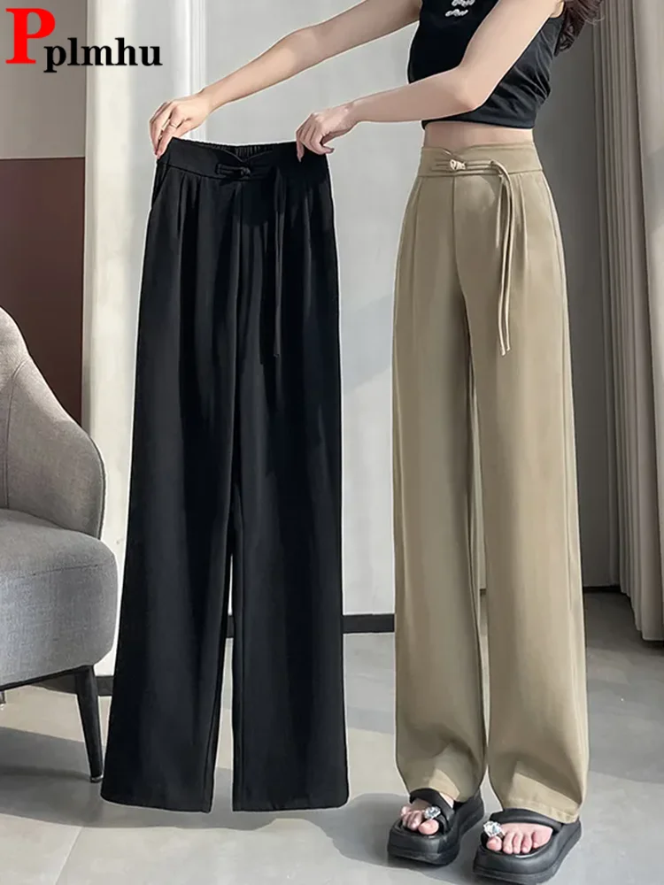 Women Solid Baggy Wide Leg Pants Spring Fall Elastic High Waist Loose Straight Pantalones Korean Disc Buckle Design Calcas New