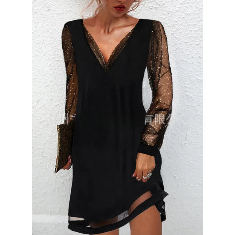 

Women's Sequin Pullover Fashion Dress Mesh Sleeve V-neck Patchwork Design Temperament Commuting Woman Elegant High Waist Dresses
