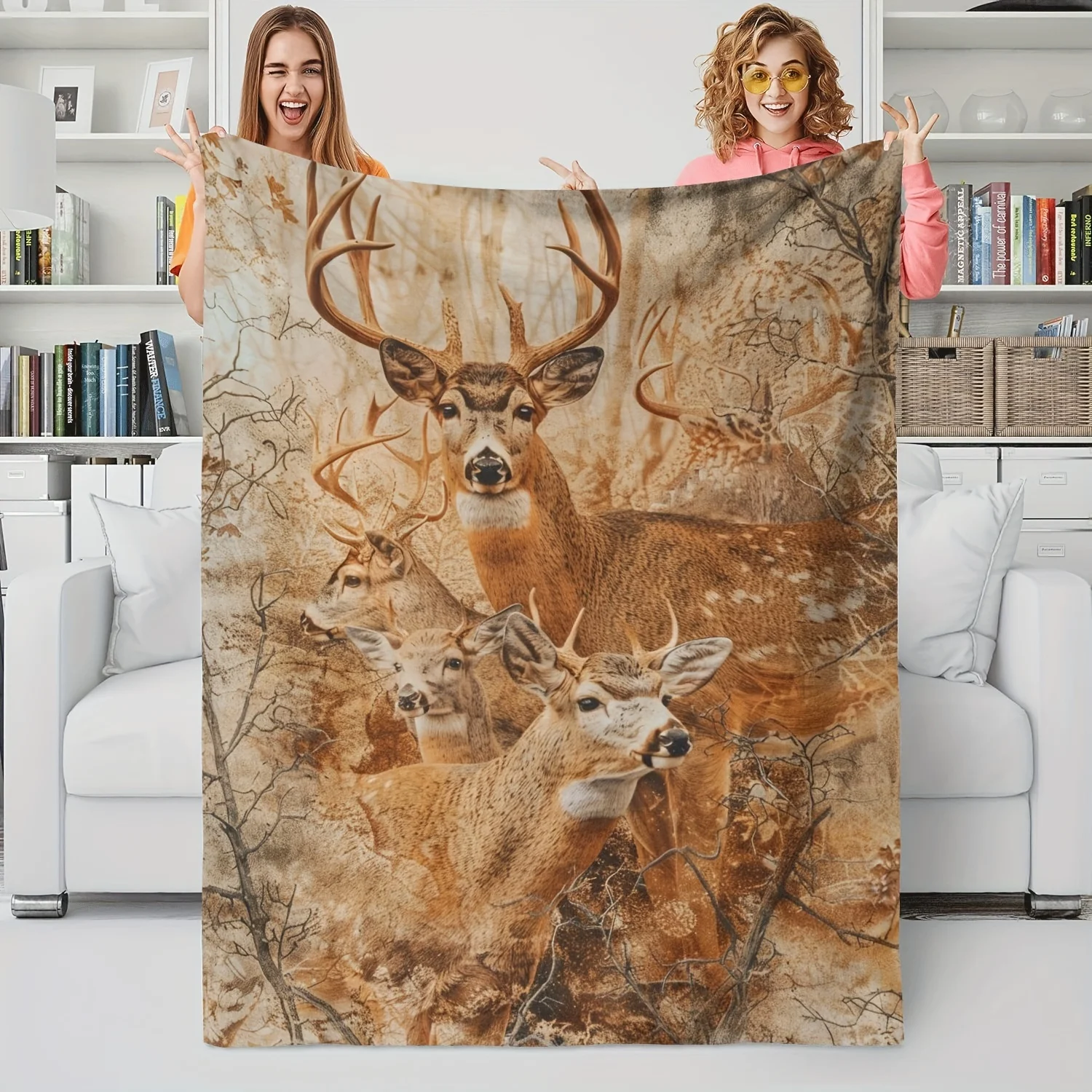 Printed Deer Blanket White Tailed Buck Fleece Throw Soft Warm Plush Bedding Forest Animal Hunting Camo Home Decor Gift