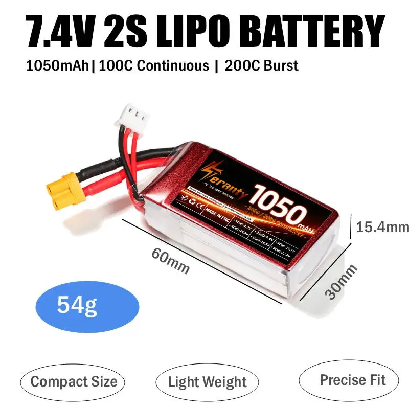 2PCS 1050mAh 2S 3S 4S RC Lipo Battery 7.4V 11.1V 14.8V 100C Continuous 200C Burst XT60 Teranty for RC Aircraft Multi‑rotor