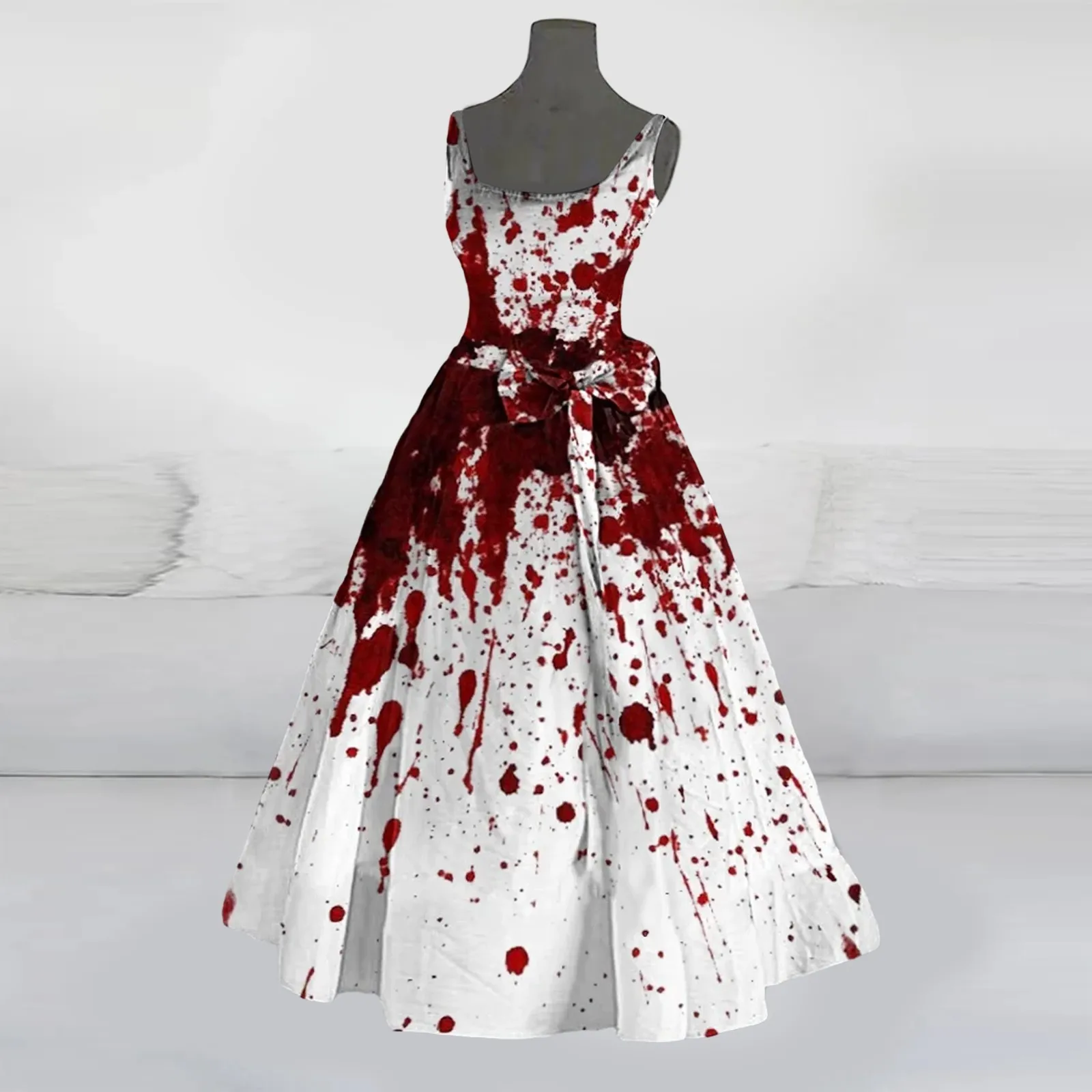 

Blood Printed Halloween Horror Vest Dress Women Square Collar Slim Fit High Waisted Dresses Bowknot Big Swing A-Line Dress