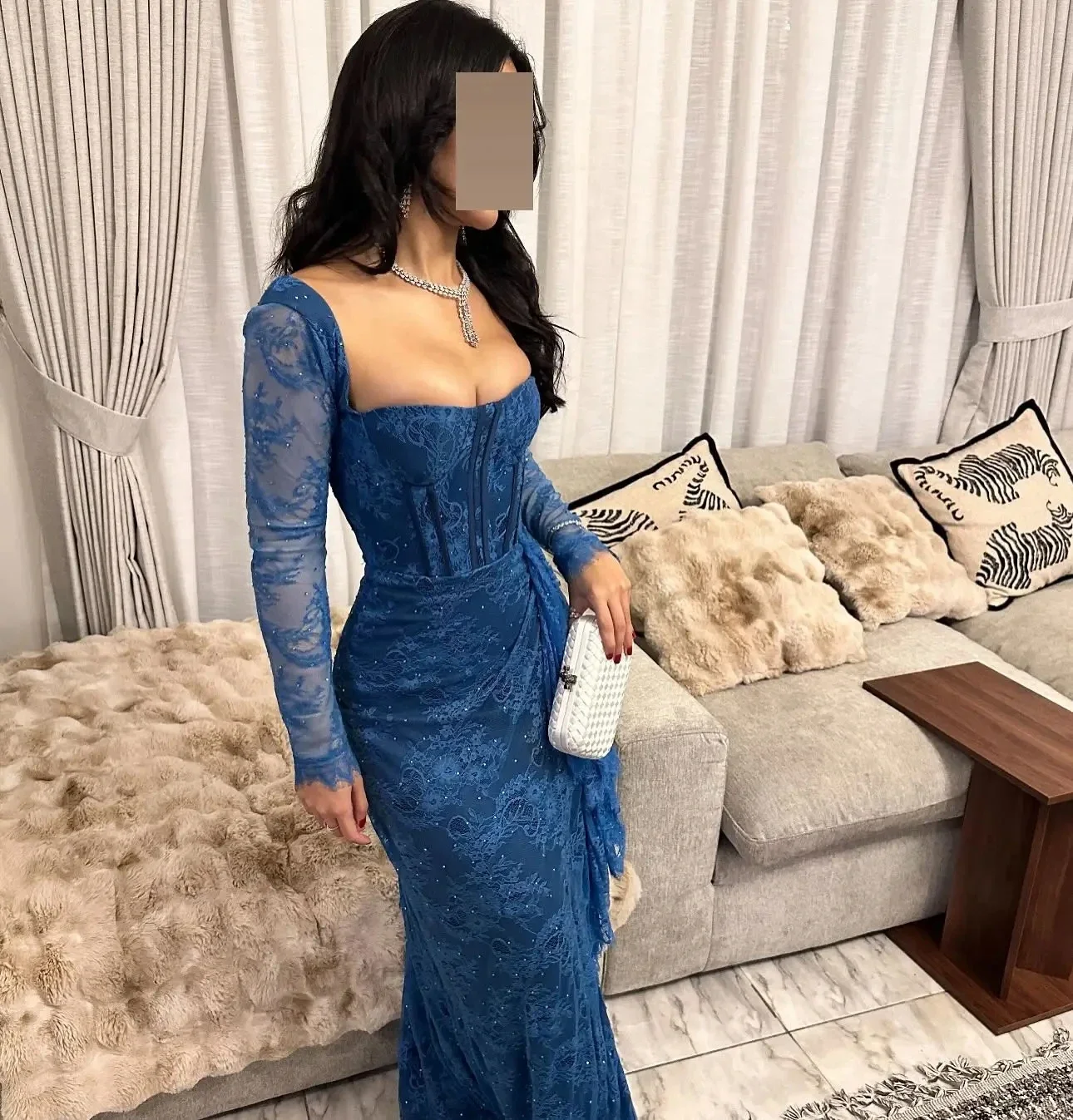 

Aunber Luxury Saudi Arabia Blue Lace Evening Dresses Square Neck Sheer Long-Sleeve Mermaid Gown For Gala Prom