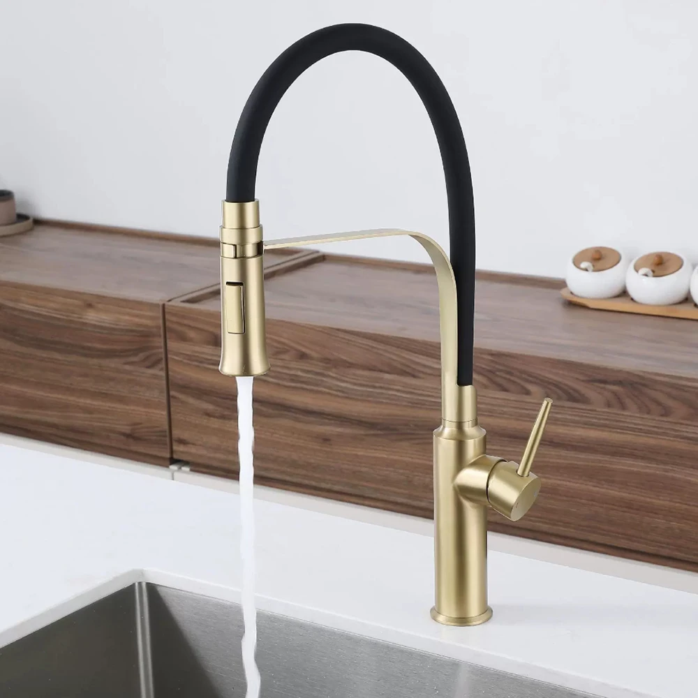 اللون الذهبي، 304 خلاط المطبخ الفولاذ المقاوم للصدأ بالوعة الحنفية، الماء البارد والساخن، نموذجين المياه خارج، مقبض واحد فتحتين