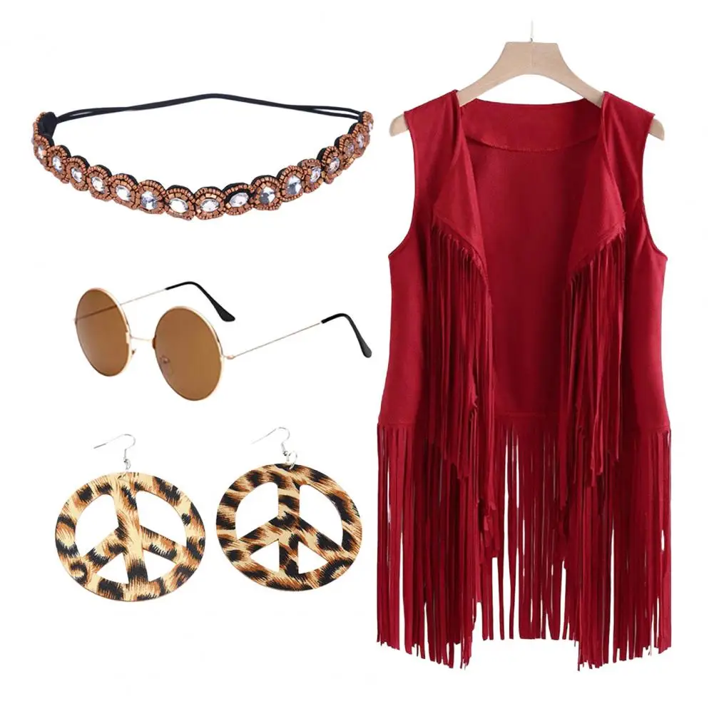 Women Costume Retro 60s 70s Disco Costume Set with Vest Headband Sunglasses Necklace Earrings for Women Dance Party Halloween