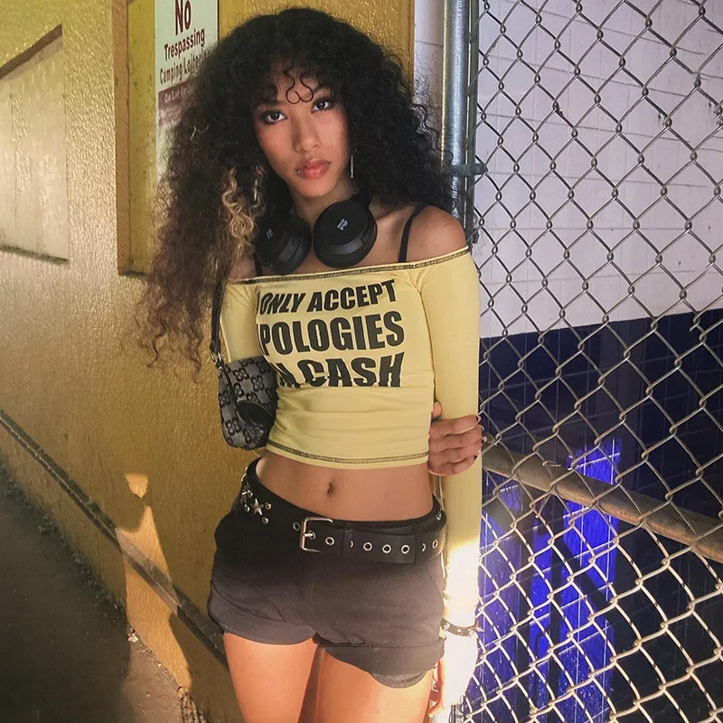 

Autumn and winter women's clothing new product sexy spicy girl one shoulder letter printed tight T-shirt top ﻿