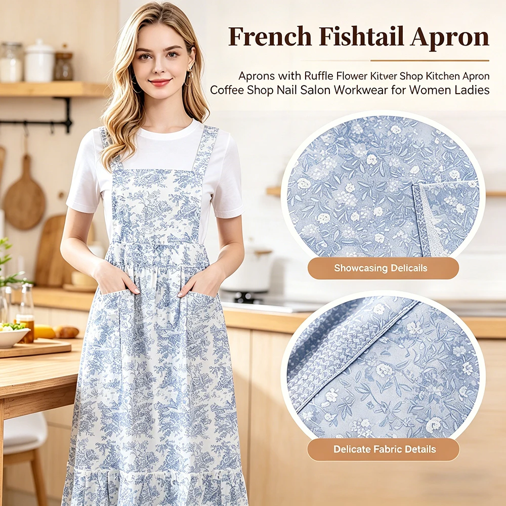 

French Fishtail Cotton Aprons with Ruffle Flower Shop Kitchen Apron Coffee Shop Nail Salon Workwear for Women Ladies