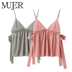 MUJER 2025 Ruffle Crop Top Women Bow Ties Sleeveless Backless Top With Straps Ruched Sexy Summer Tops Woman Tanks And Camis