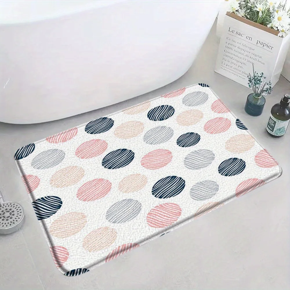 Pastel striped polka dot pattern floor mat, polyester fabric, machine washable, suitable for bedroom and living room decoration.