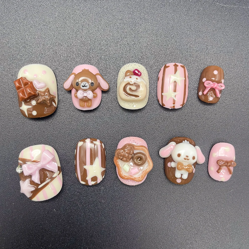 Kawaii Rabbit Bear Chocolate Cream Design Press On Nails Short Round Shape Cute Pink Sweet Cookie 3D Doll Cartoon Fake Nails view 4