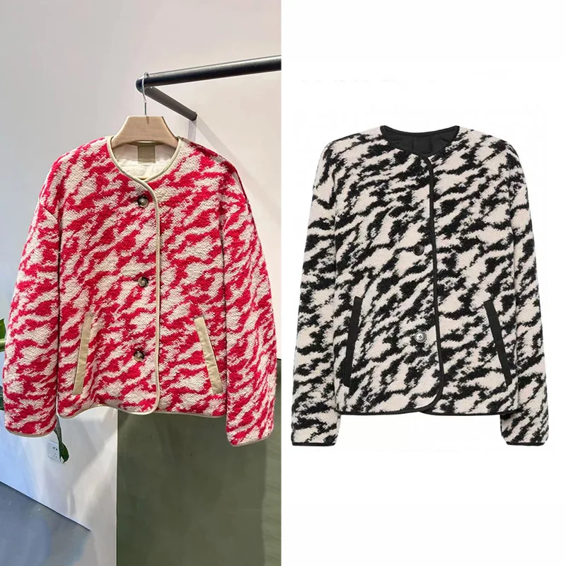 

【Gift Free】High Quality Trendy Wool Blend Reversible Quilted Jacket with Abstract Pattern and Loose Fit Round Neck Design