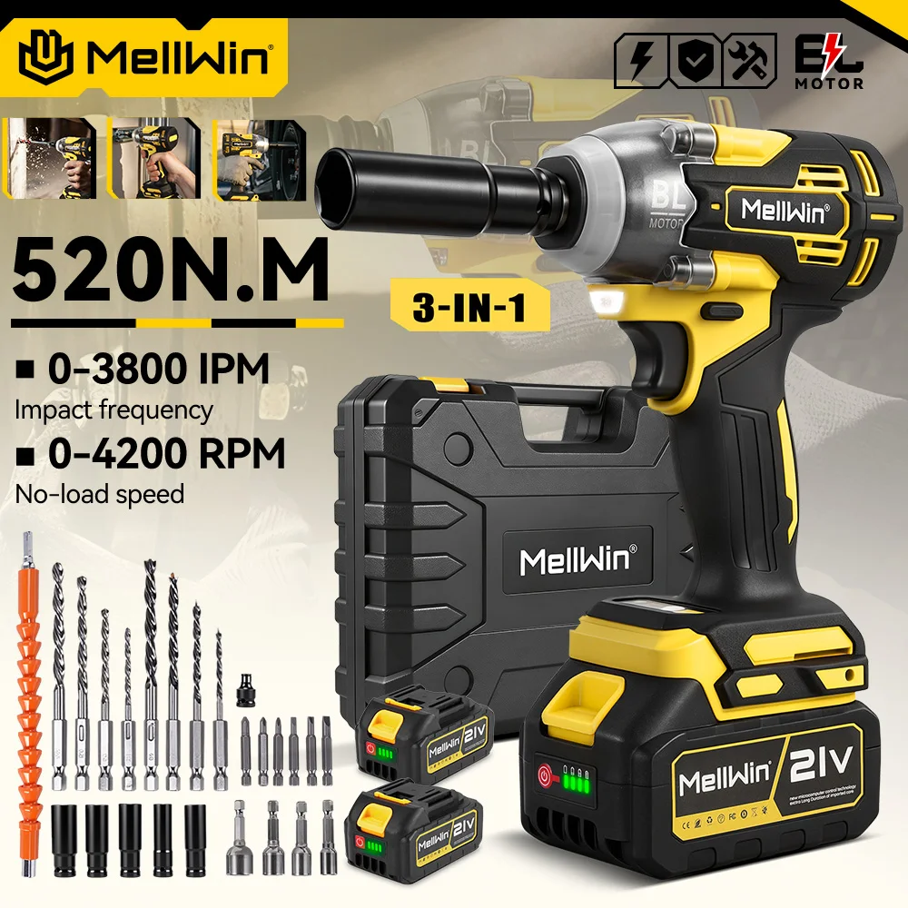 MELLWIN Electric Impact Wrench 520Nm 3 in 1 Brushless Cordless Drill Screwdriver Home Repair Tool for Makita 18V Battery Pin