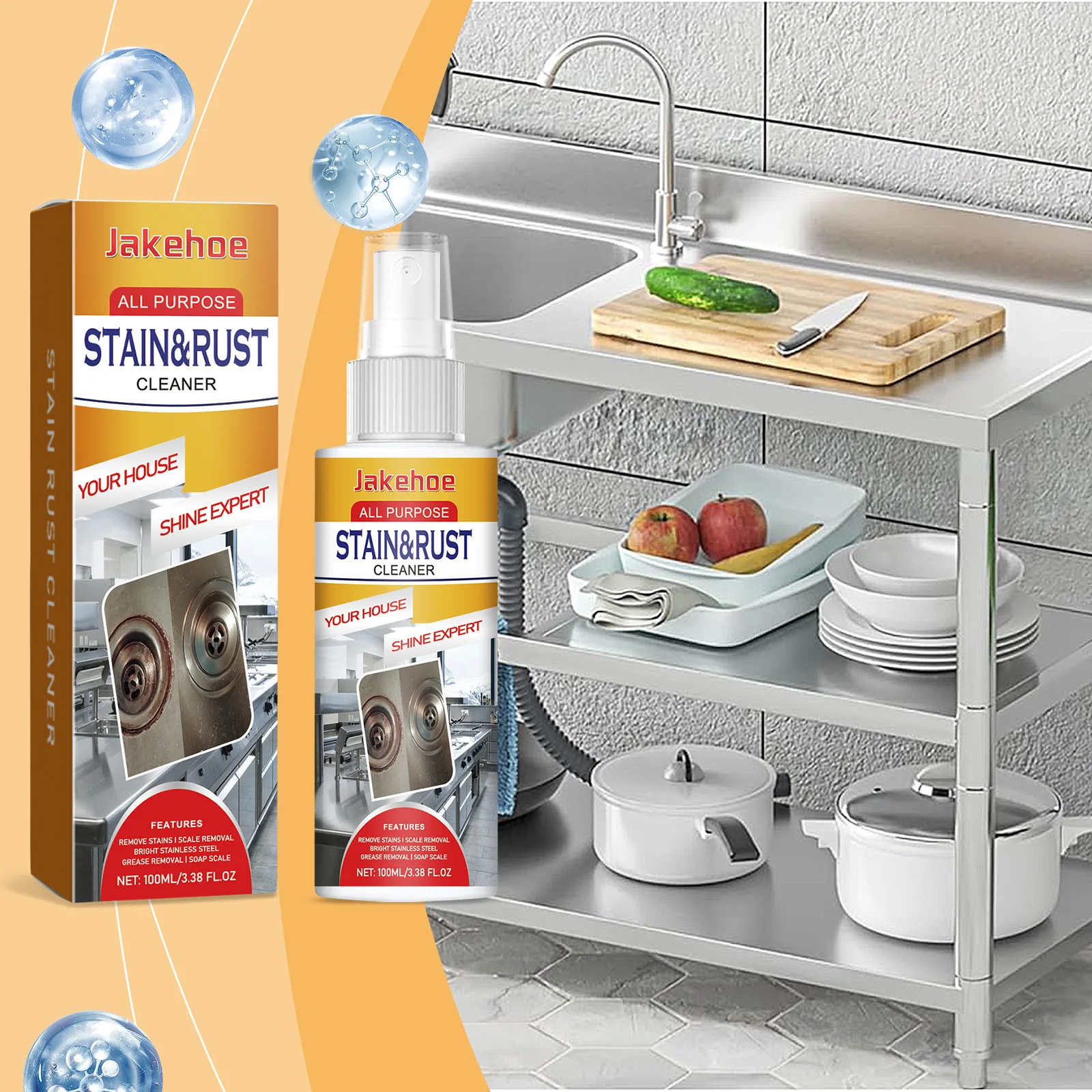 

Multi-Surface Stain Remover Degreaser & Rust Cleaner for Kitchen, Bathroom - Safe Formula - 100ml - Removes Grease & Dirt