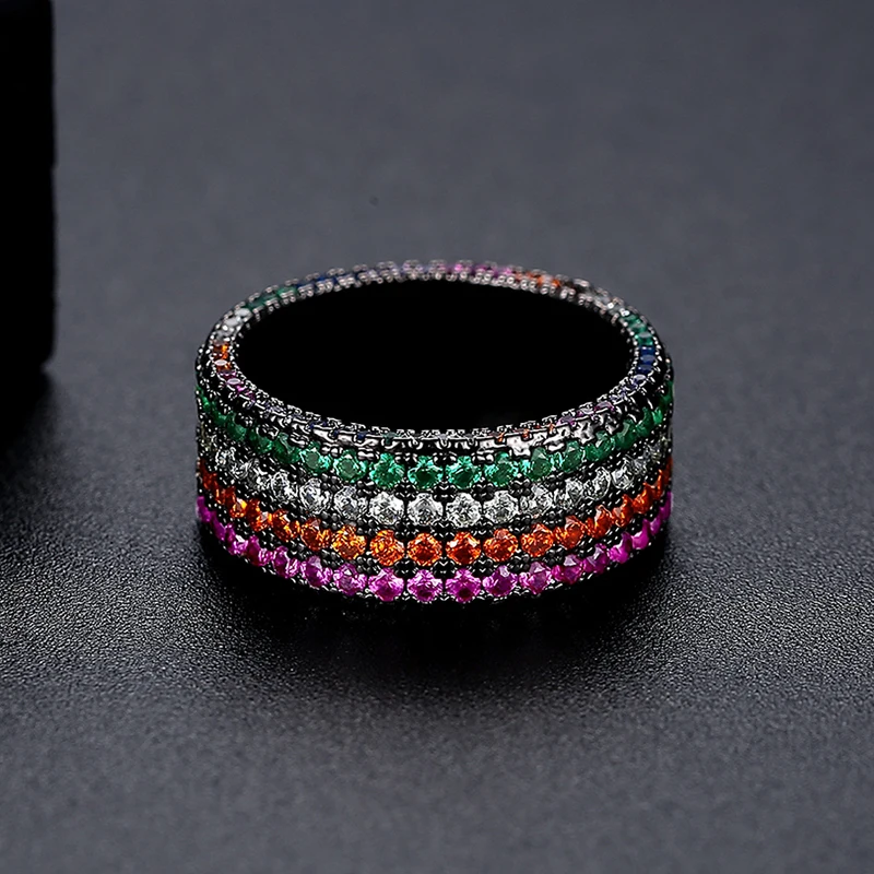 LUOTEEMI Multicolor Rainbow CZ Wide Rings Band Luxury Gun Black Colorful CZ Party Finger Ring Gothic Aesthetic Bague Femme Girls