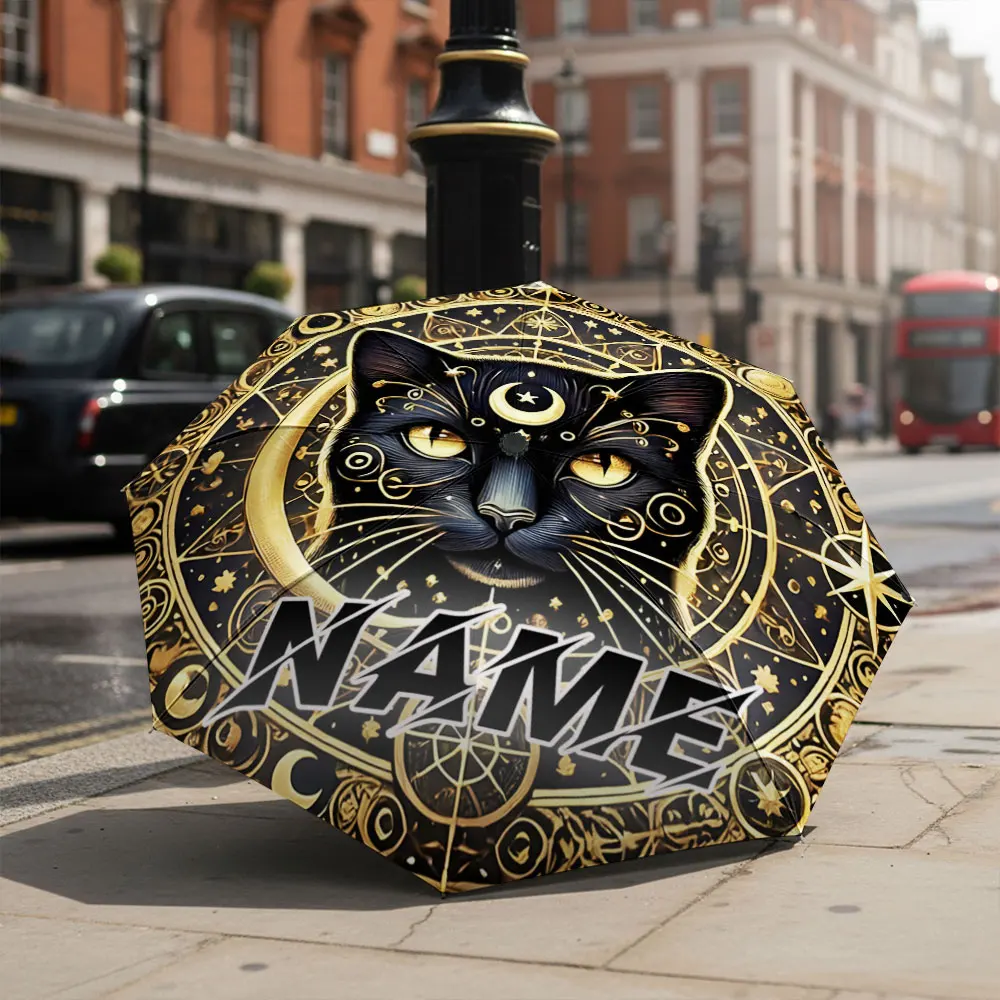 Custom Name umbrella, Mystical Black Cat with Gold Celestial Symbols Umbrella Fashion Fashion Folding Umbrella for Daily Use