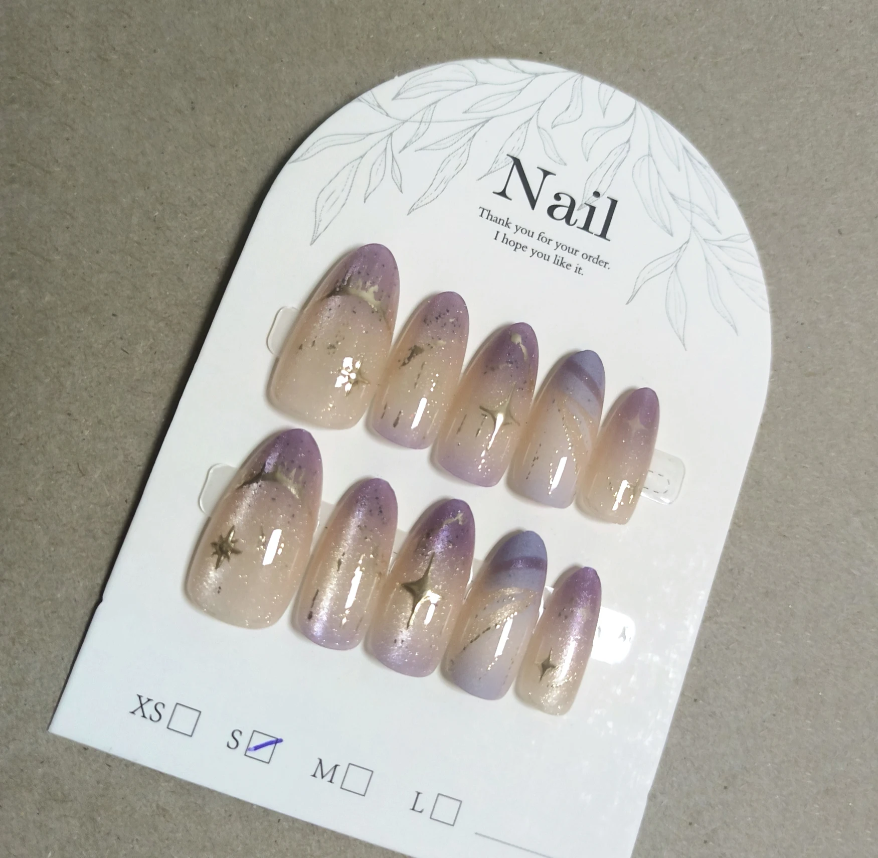 10pcs Cat Eye Purple False Nail Tip Silver Dreamy Starlight Fake Nail Reusable Almond Oval Press On Woman French Nails Art