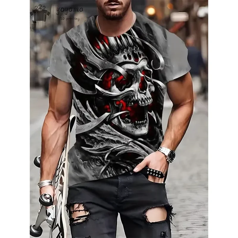 2026 Men's Horror Skull Print 3D Graphic T-Shirt with O-Neck Design Short Sleeve Oversized Fit Casual Streetwear for Summer