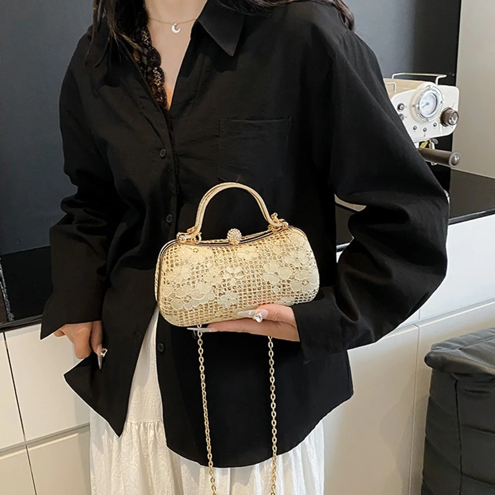 

Elegant Luxury Evening Banquet Bag Shiny Flower Ladies Clutch Bag Metal Top Handle Rhinestone Chain Crossbody Bag Women