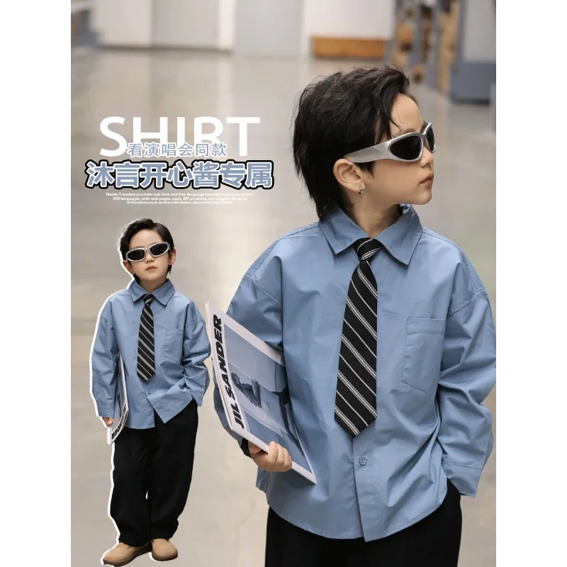 

Boys' Tie Shirt Spring and Autumn New Children's Western Style College Style Casual Long Sleeve Shirt Fashionable Thin CoatAis