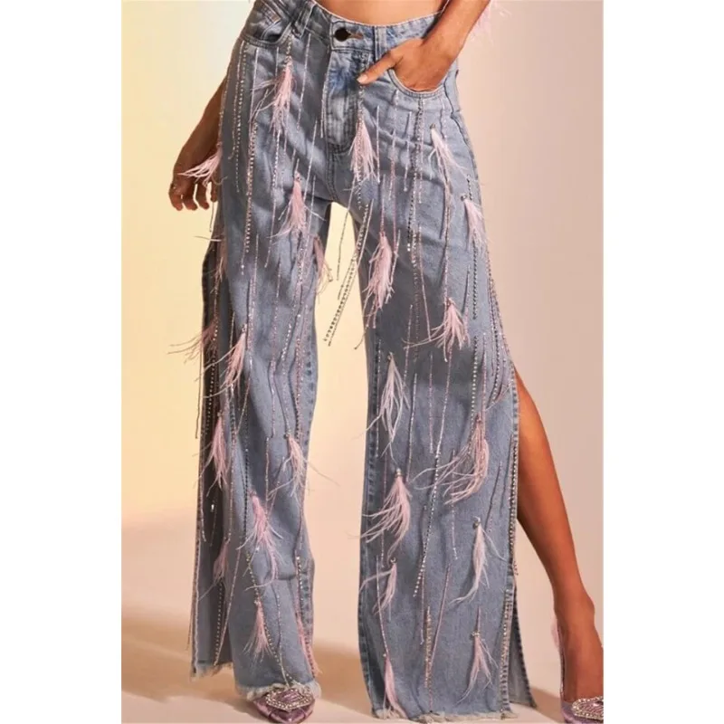 Feather Tassel Women Denim Pants Side Slit Straight Jeans 2025 Summer New Popular Streetwear Sexy Night Club Party Trousers