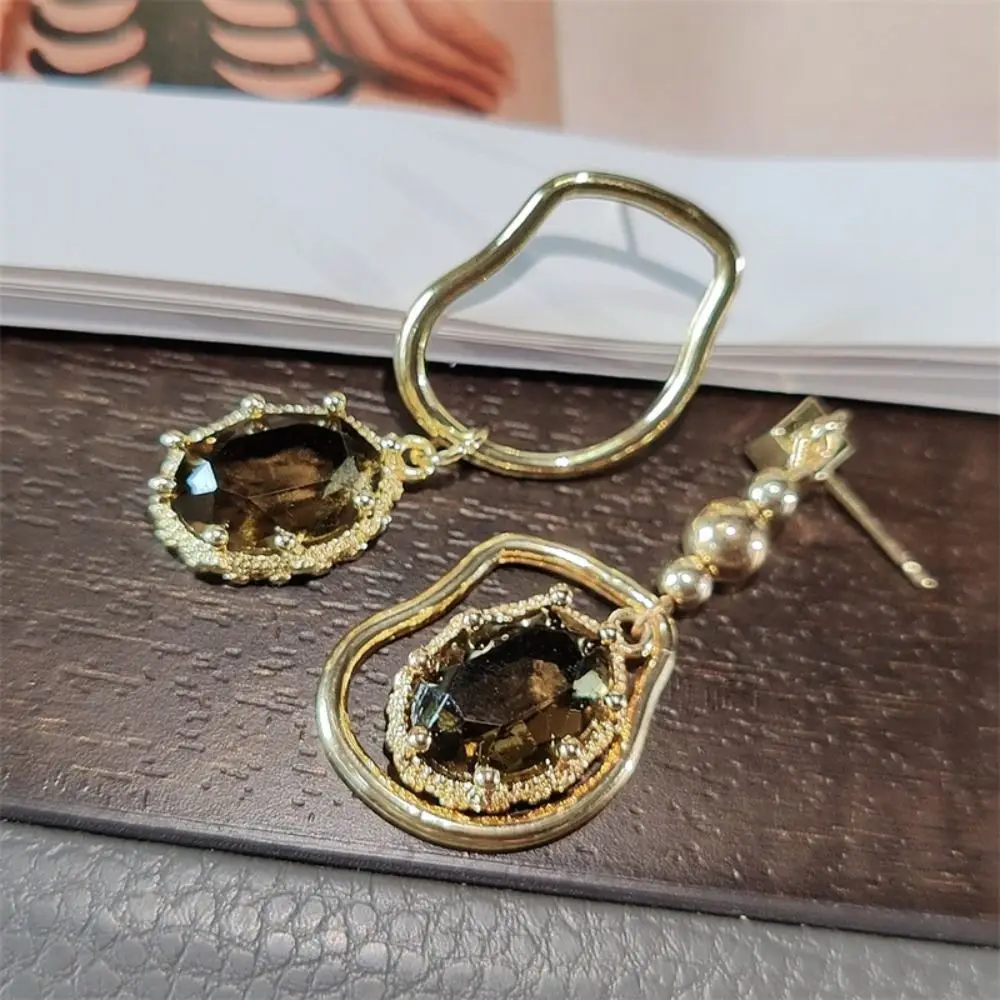 Brown Crystal Crystal Earrings Asymmetrical Design Designer Style Metal Earrings Metallic Brown Gemstone Earrings Woman's