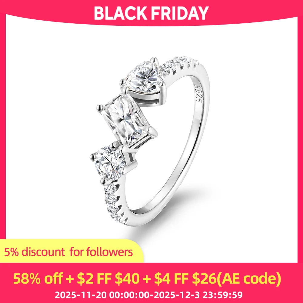 

ANDH Three-Stone Moissanite Ring for Women 925 Sterling Silver Sparkling Diamond Engagement Ring Elegant Party Fine Jewelry Gift