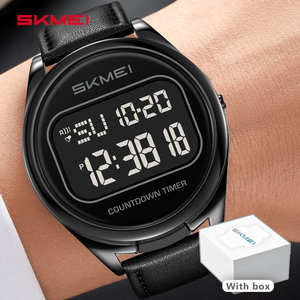 skmei-エレガントなブラックメンズウォッチ、内蔵ボックス付き、防水ステンレススチールレザーバンド、アラーム、カウントダウン、ドレス腕時計-2595