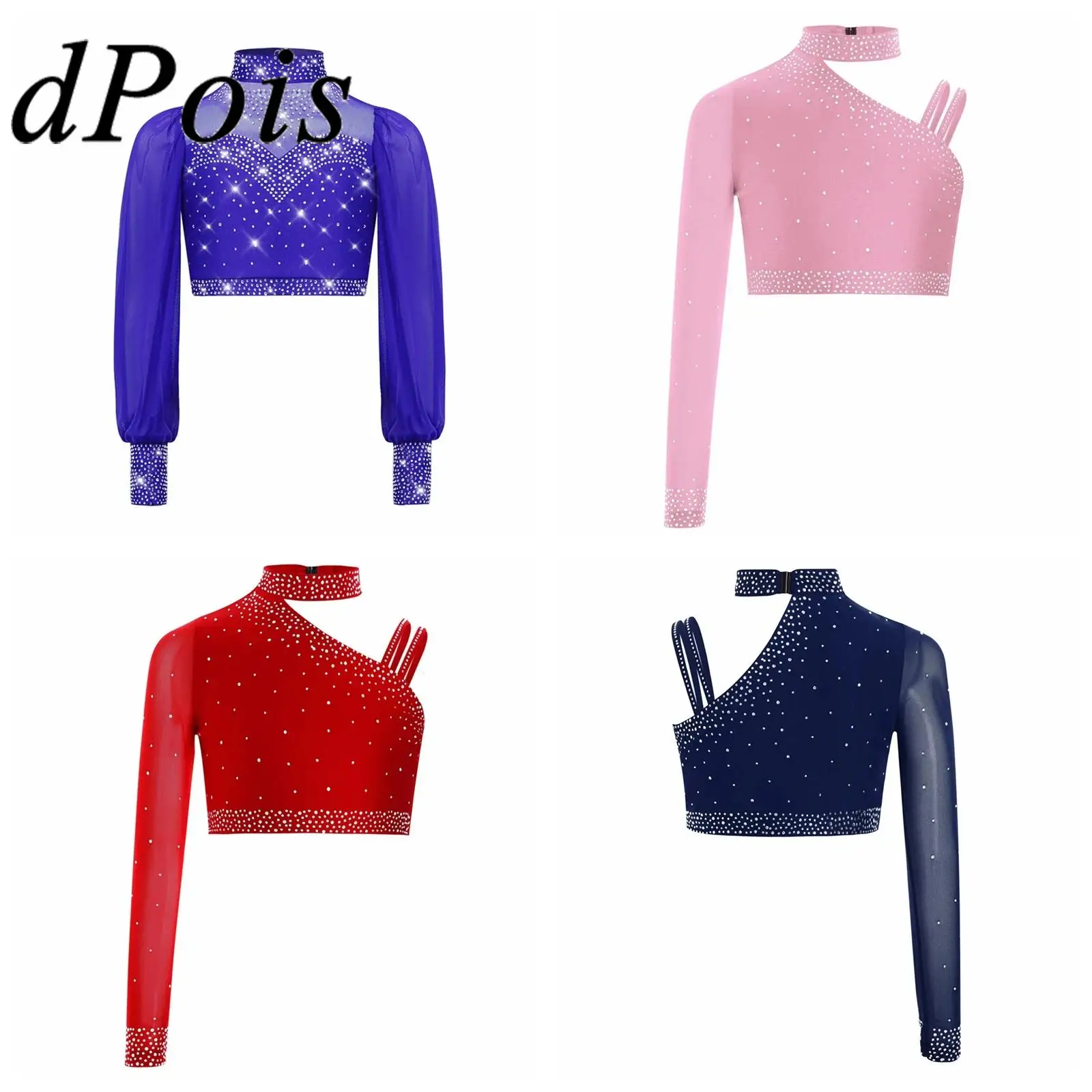 Haut de danse de Ballet lyrique pour enfants filles, maille transparente, manches longues, Costume de Performance, dos découpé, strass, pull, haut court