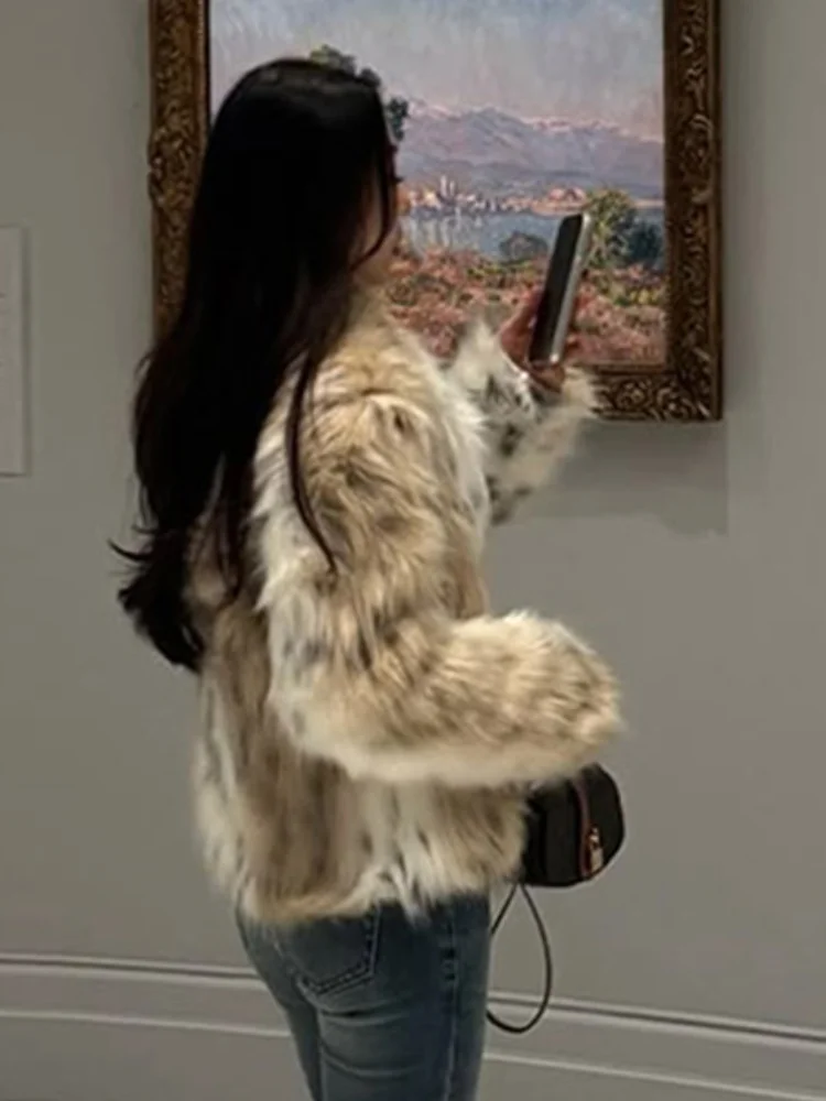 Elegant Print Women's Faux Fur Coat Chic Long Sleeve Warm Fluffy Plush Jacket New Autumn Winter Ladies Thick Outerwear 2025
