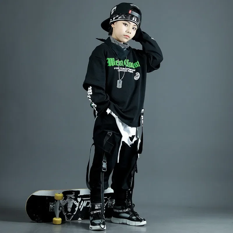 Hip-hop Performance Suit Boys Jazz Dance Rehearsal Clothes Spring and Autumn Boys Black Cashew Flower Skateboard Sportswear