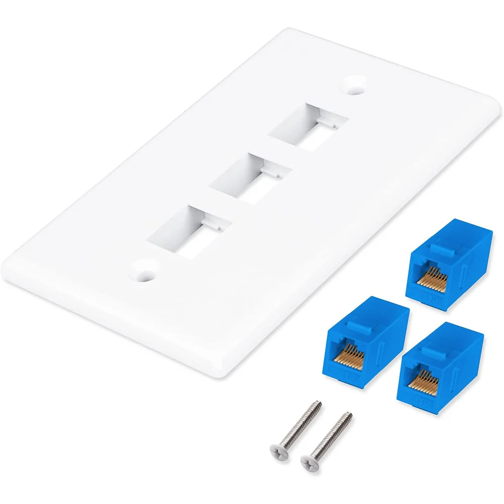 Paquete de 1 placa de pared Ethernet de 3 puertos, placa de pared RJ45 con inserto de acoplador en línea Keystone RJ45, placa de pared Keystone Jack Cat6