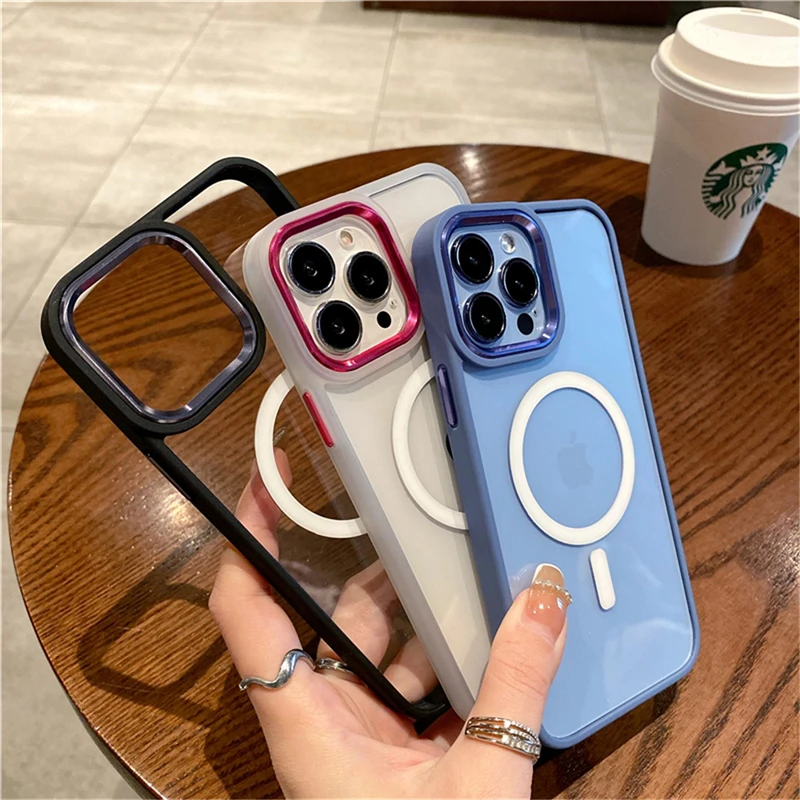 

10pcs Magnetic Transparent Acrylic Metal Lens Camera Case For iPhone 13 12Pro Max For Magsafe Wireless Charging Shockproof Cover