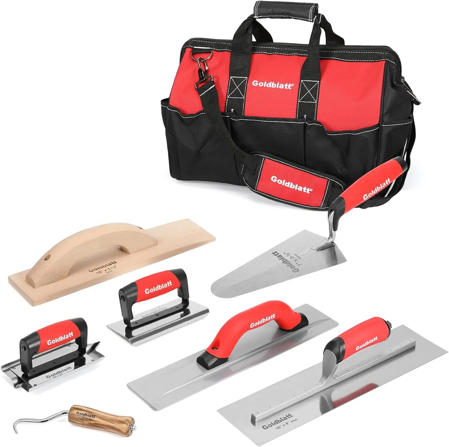 

8-Piece Masonry Hand Tool Set: Trowels, Float, Edger, Groover & Bag for Concrete Finishing