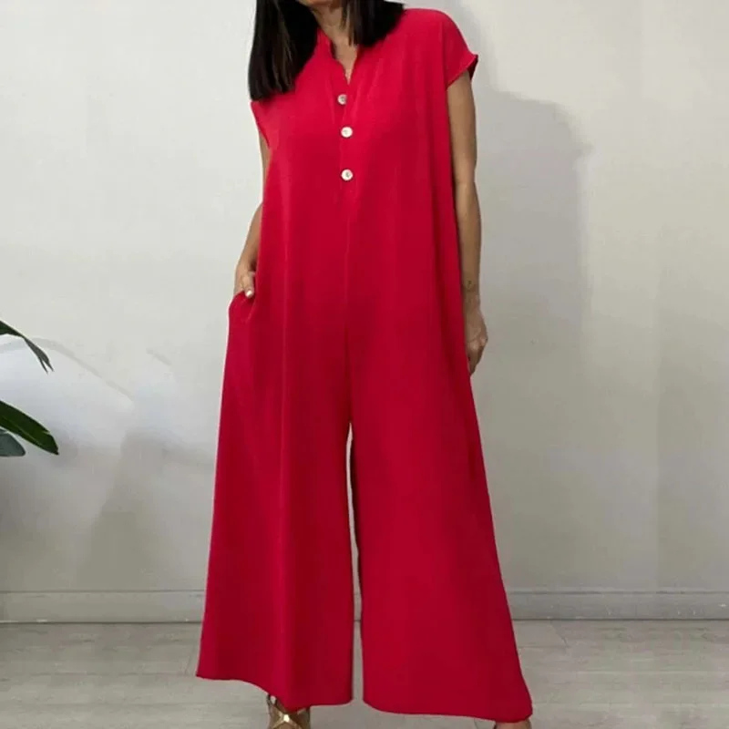 Women Solid Color Button High Street Romper Summer Casual Cotton Linen Pocket Romper Fashion Simple O Neck Short Sleeve Jumpsuit