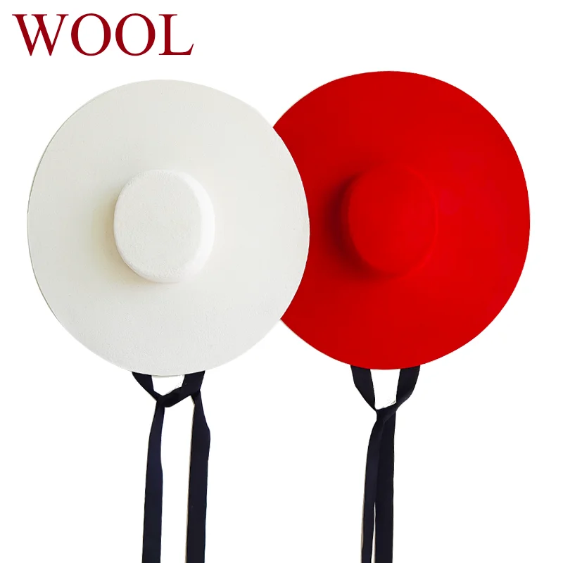 King Wheat Wide Big Brim Wool Flat Formal White Women Fedora Stage Show Felt Cap Winter Bandage Lady Fashion Outdoor Top Hat