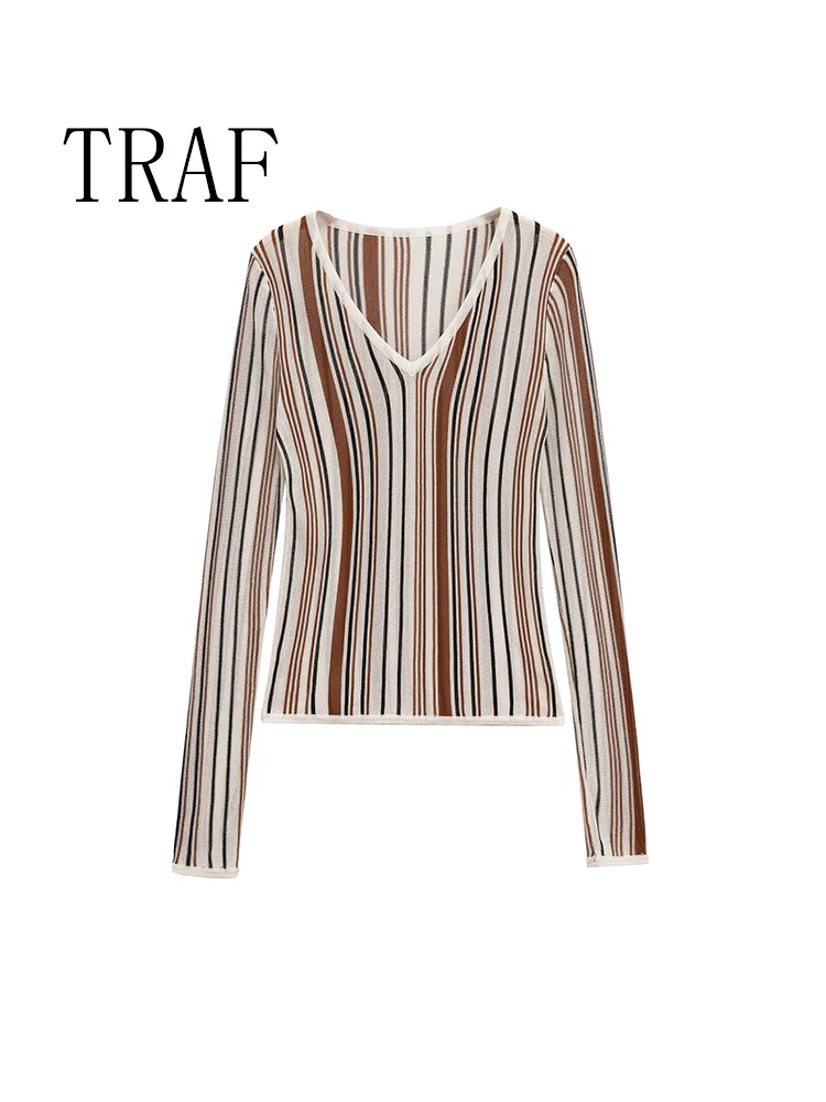 

TRAF European and American style autumn new fashion women's casual simple blended V-neck long-sleeved sweater