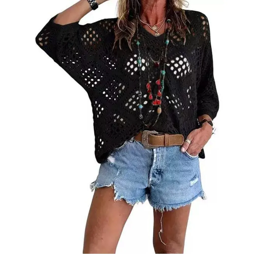 Single Hollow Out Top Loose Fit Casual with Batwing Sleeve T Shirts Diamond Pattern Lightweight Regular Length Spring for Women