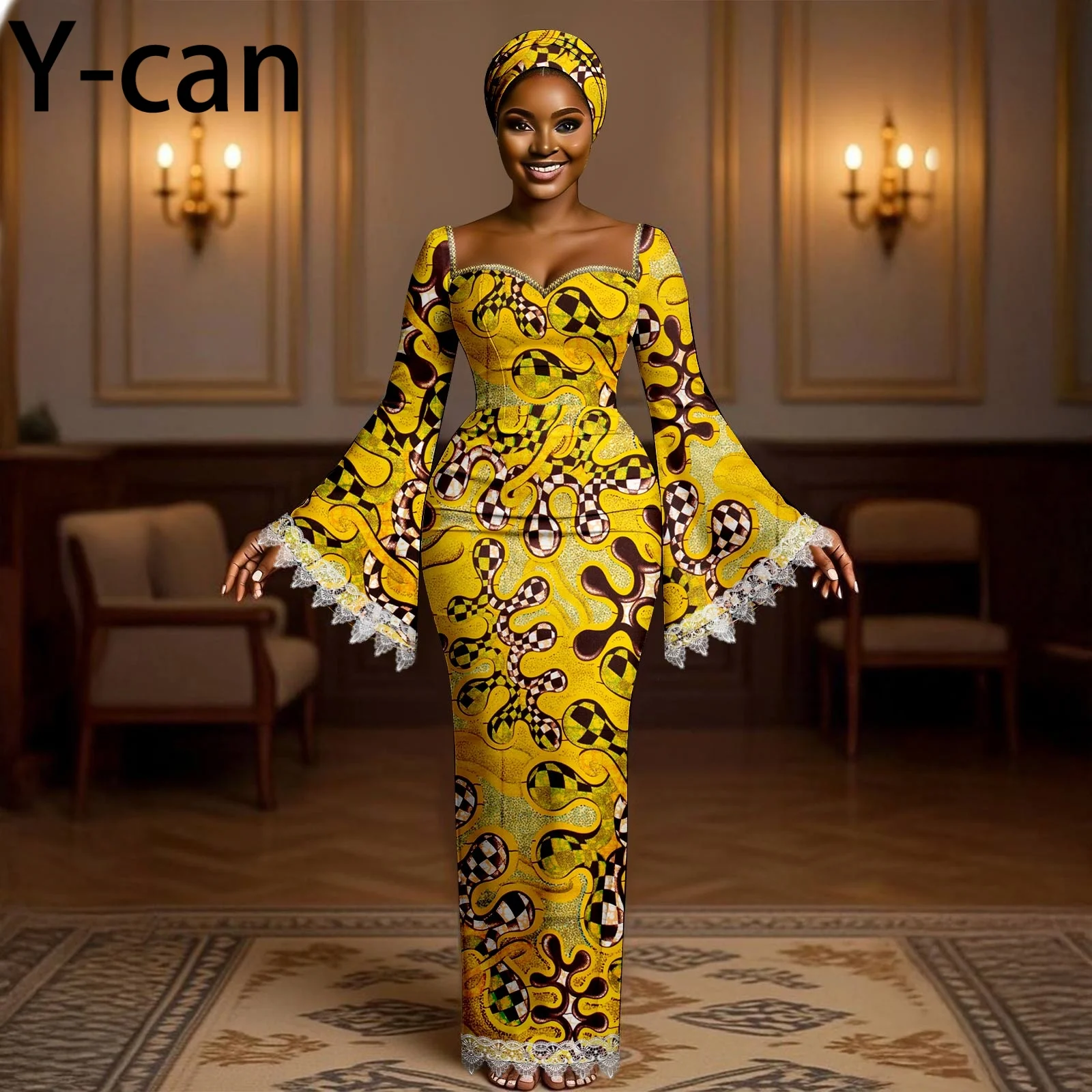 

Ankara Fashion Women's African Dress Slim Fit Flared Lace Sleeve Dashiki Print with Headscarf for Wedding Party 2625052